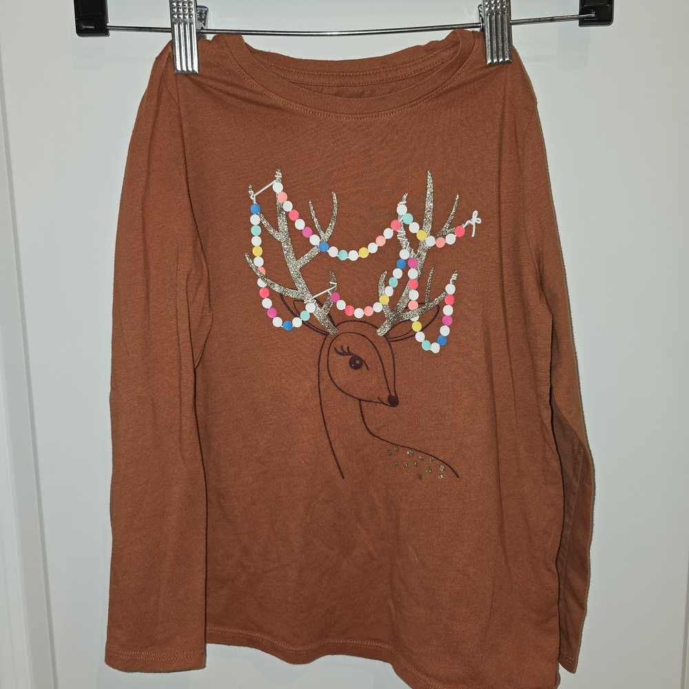 Cat & Jack Brown Orange Long‎ Sleeve Top with Colorful Deer Graphic Small 6-6x